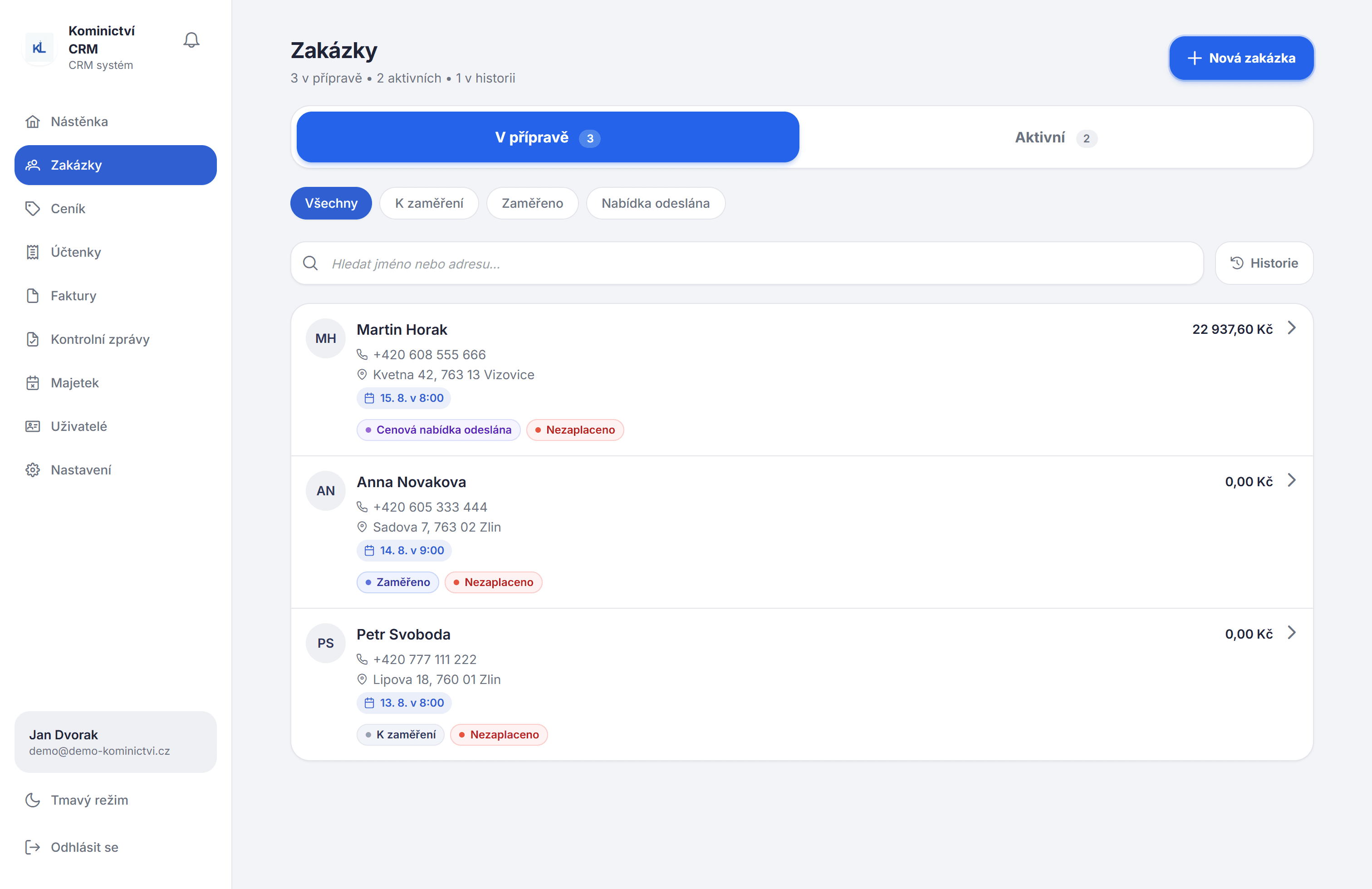 Pipeline zakázek — fáze zaměření a nabídky.